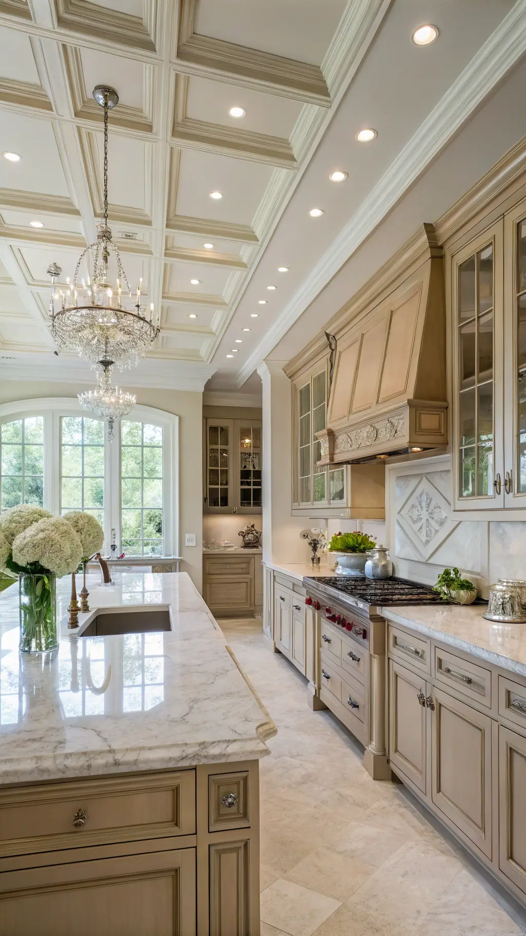 Traditional kitchen with warm beige inset cabinets, crystal knobs, corbel details, antique mirror backsplash, Carrara marble surfaces, silver serving pieces, white hydrangeas, and coffered ceiling, illuminated by afternoon sunlight.