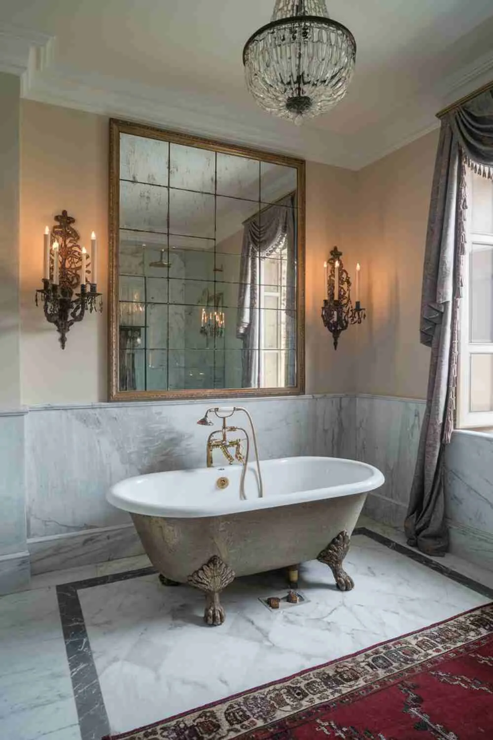 Opulent bathroom with centered freestanding tub, gold fixtures, marble floor, and chandelier