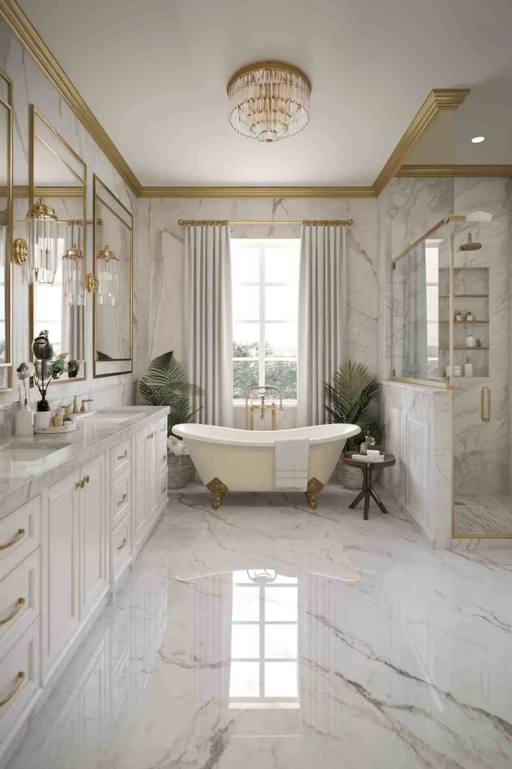Luxurious bathroom with marble floors, double vanity with gold fixtures, and chandelier