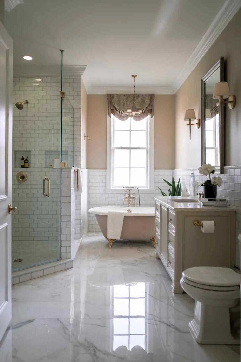 Clean-lined bathroom with freestanding tub, marble floor, and soft lighting