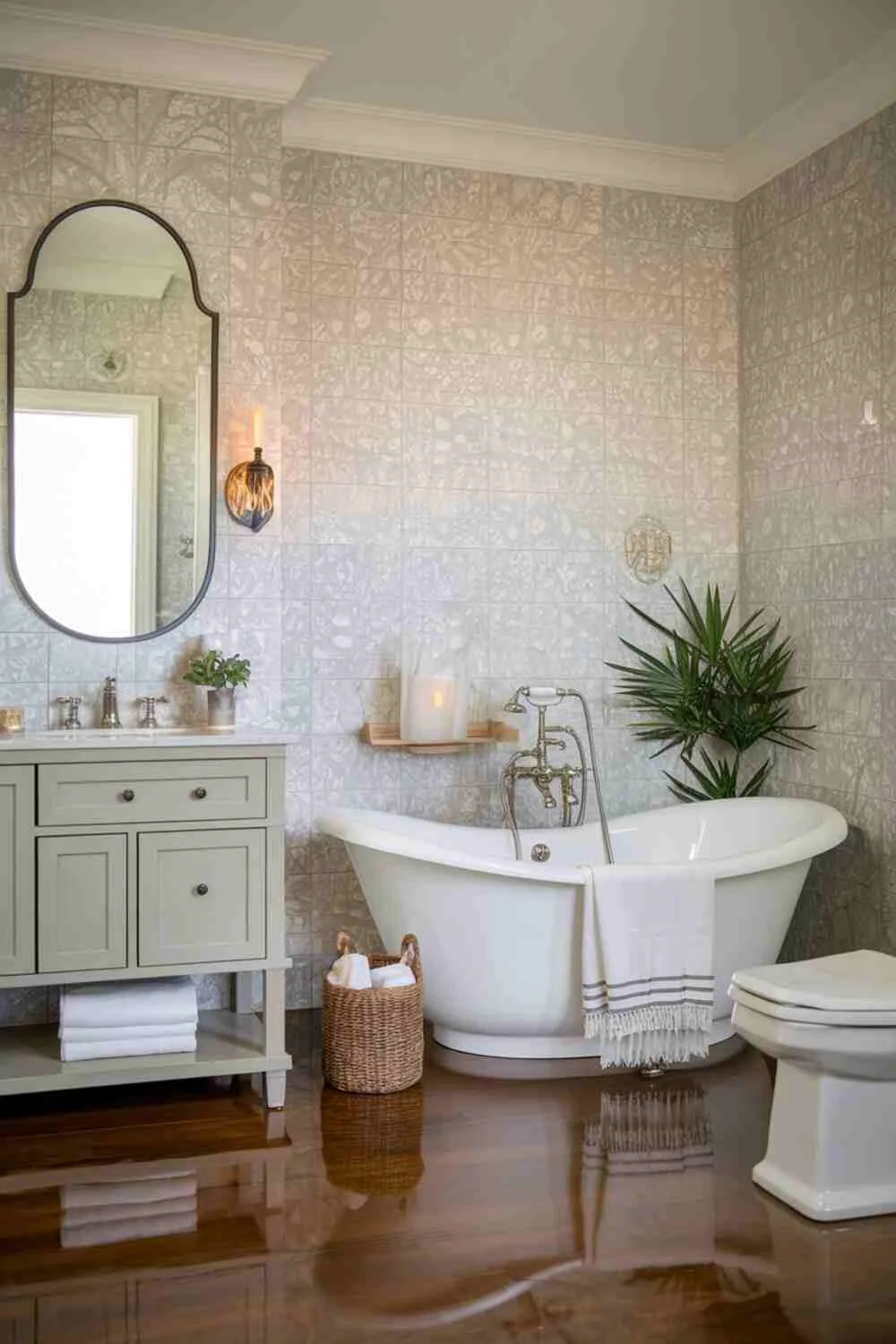 Bathroom with patterned wall tiles, wooden floor, freestanding tub, and cozy accessories