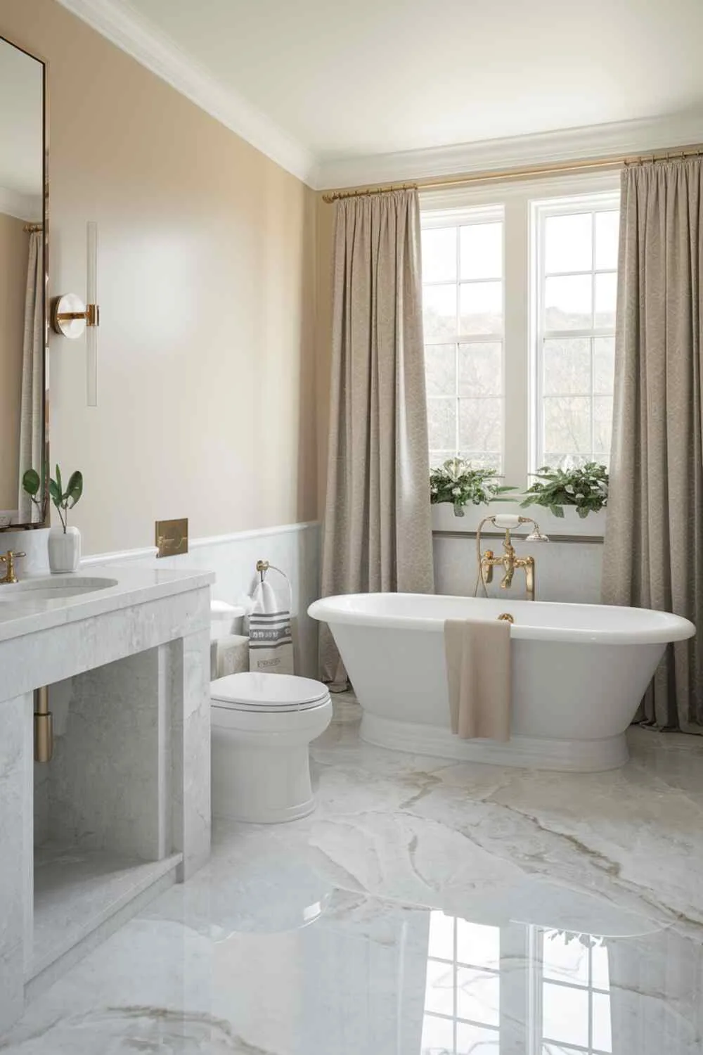 Serene bathroom with beige walls, marble floor, freestanding tub, and gold faucet