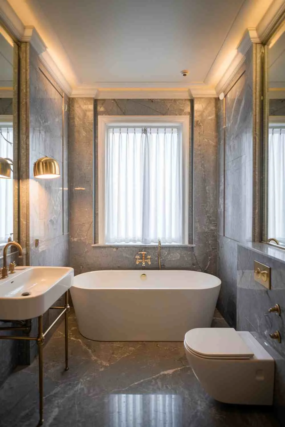 Bathroom with white fixtures, gray marble walls and floor, and gold lighting