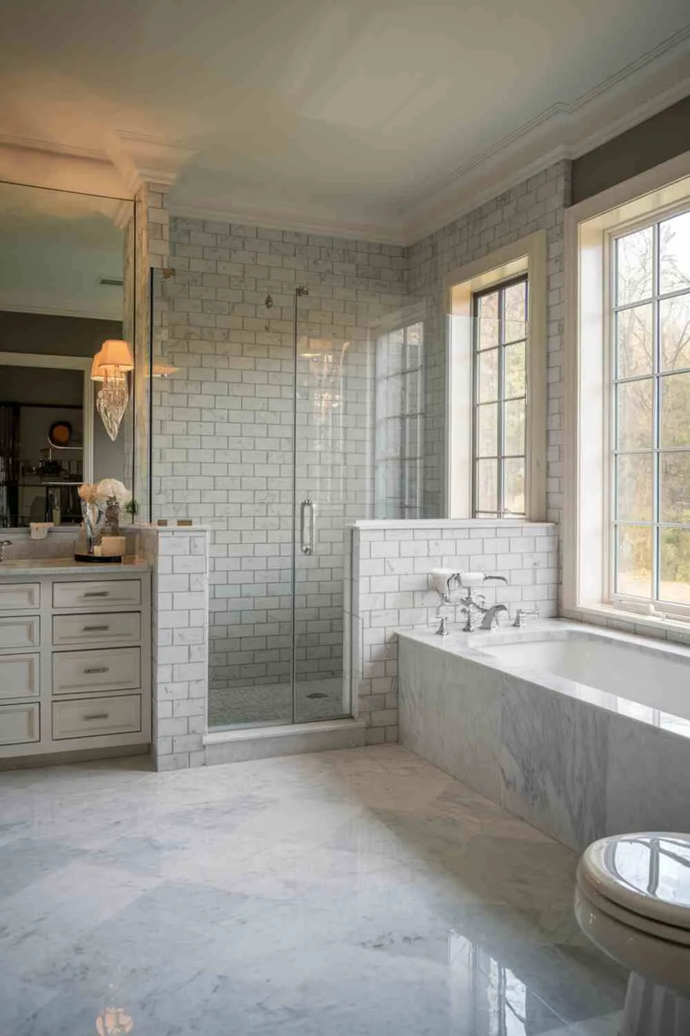 Contemporary bathroom with gray tiles, large tub near window, and glass shower