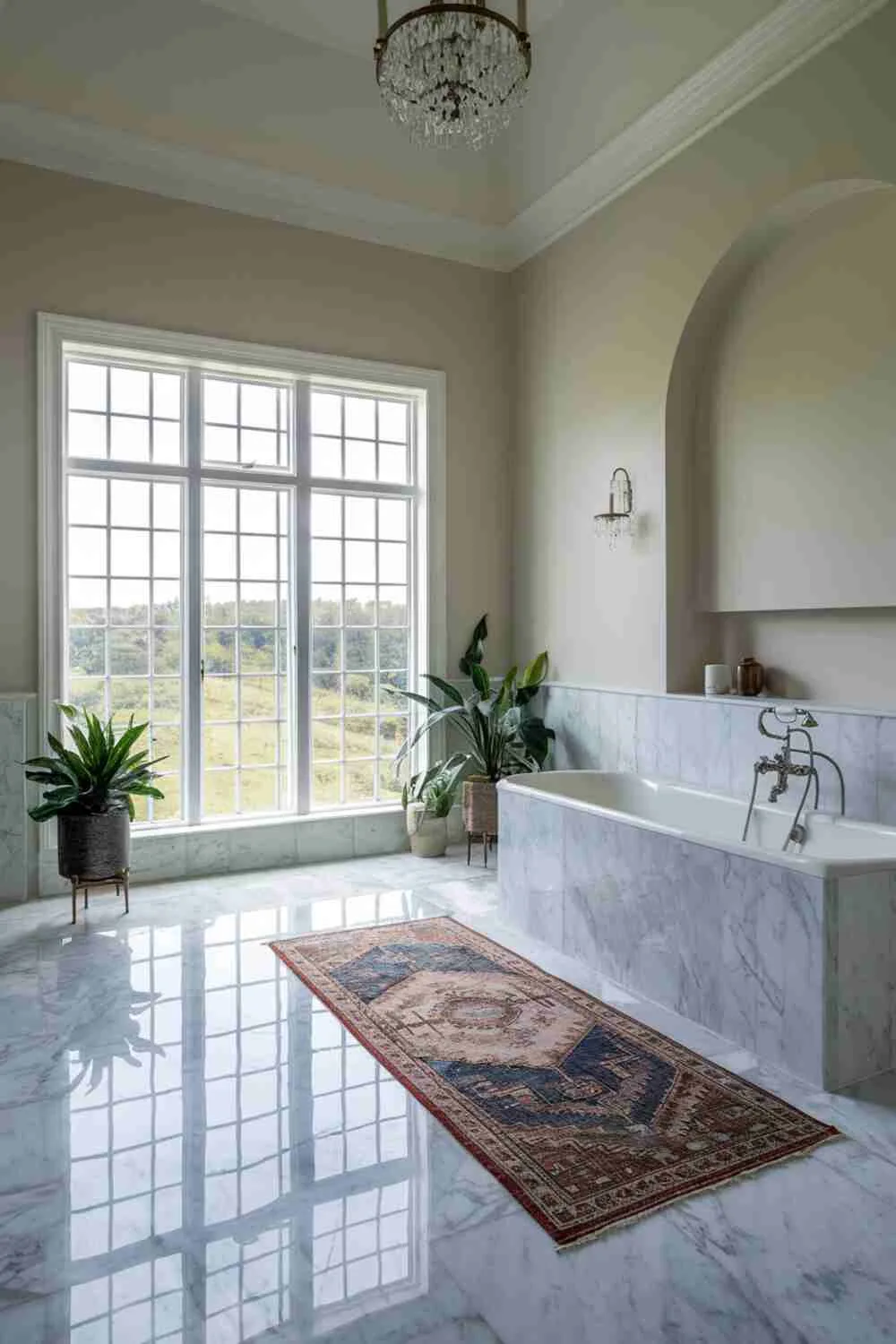 Bathroom with freestanding tub, large window overlooking greenery, and vintage rug