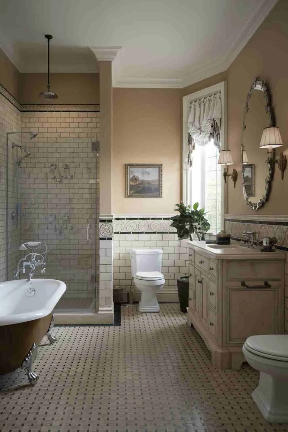 Bathroom with clawfoot tub, checkered floor, ornate tiles, and vintage lighting