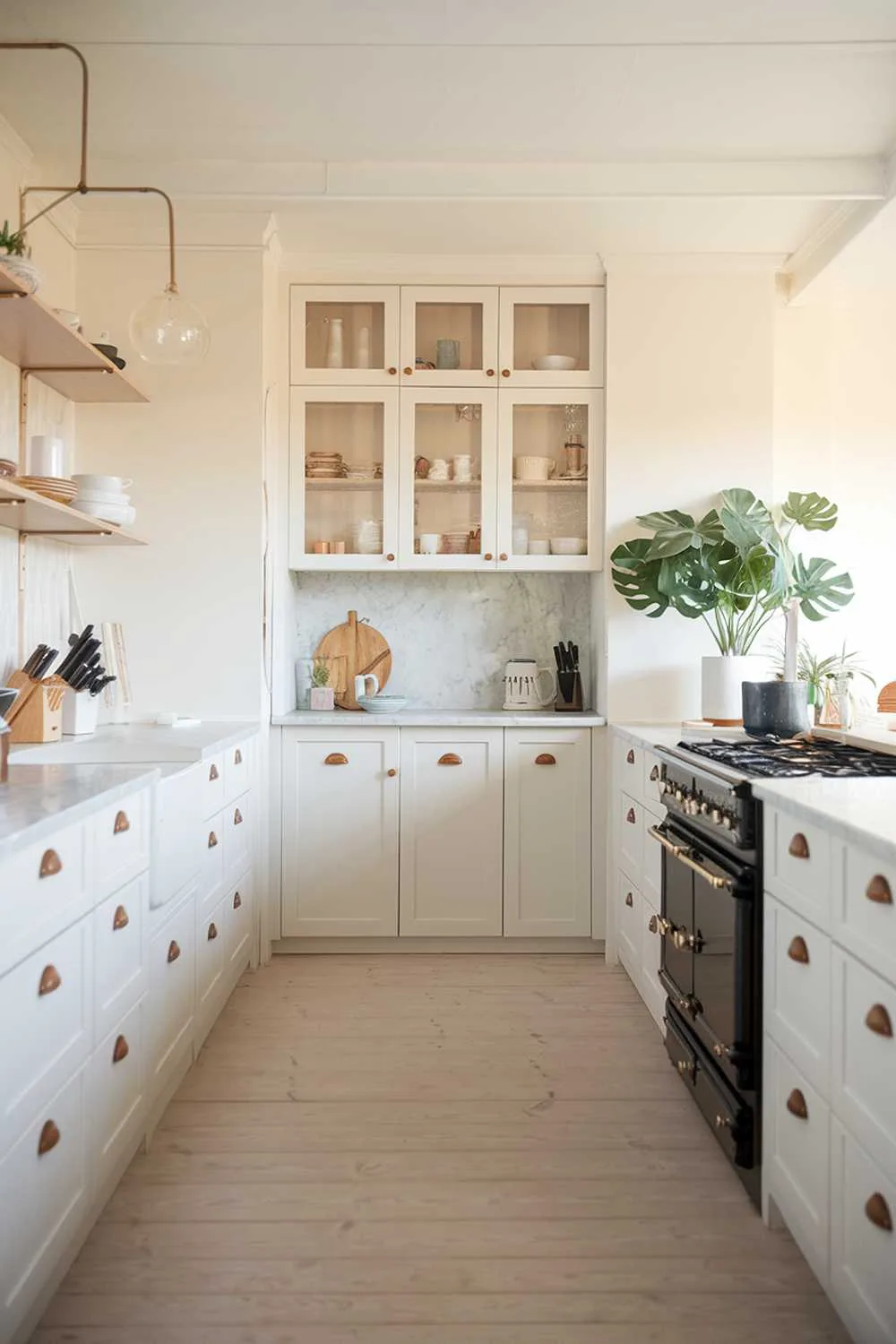 Scandinavian kitchen with white cabinets, wooden handles, marble countertop, and soft lighting