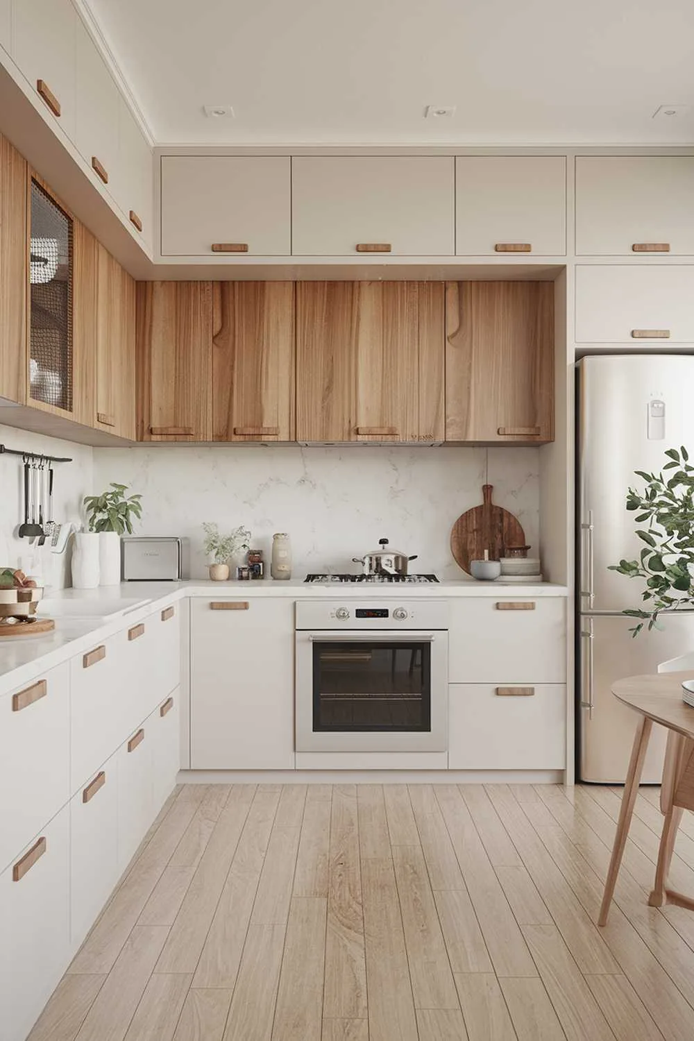 Scandinavian kitchen with white cabinets, wooden handles, marble countertop, and wooden panel backsplash