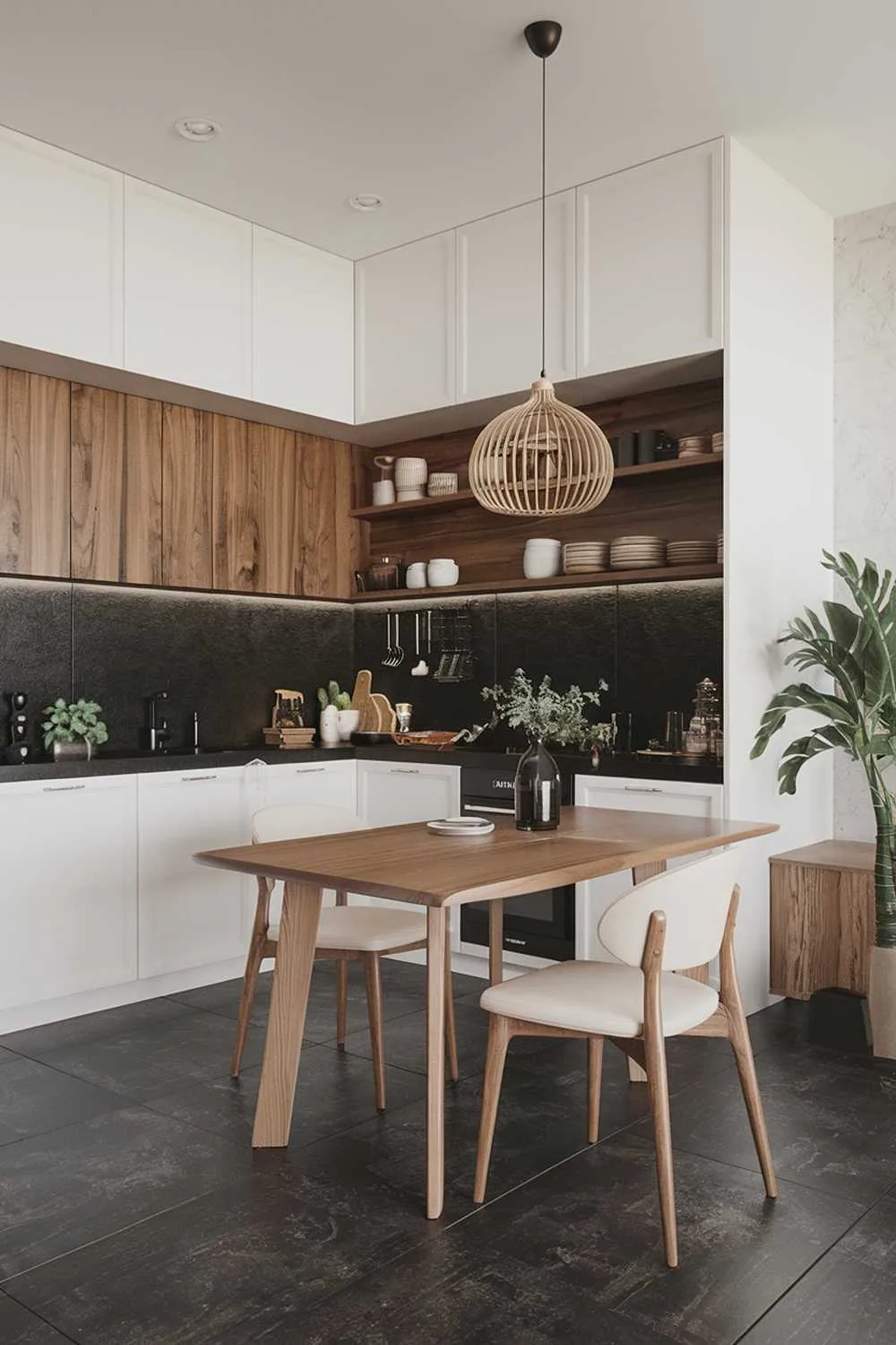 Scandinavian kitchen with white cabinets, black countertops, dark gray backsplash, and wooden dining table