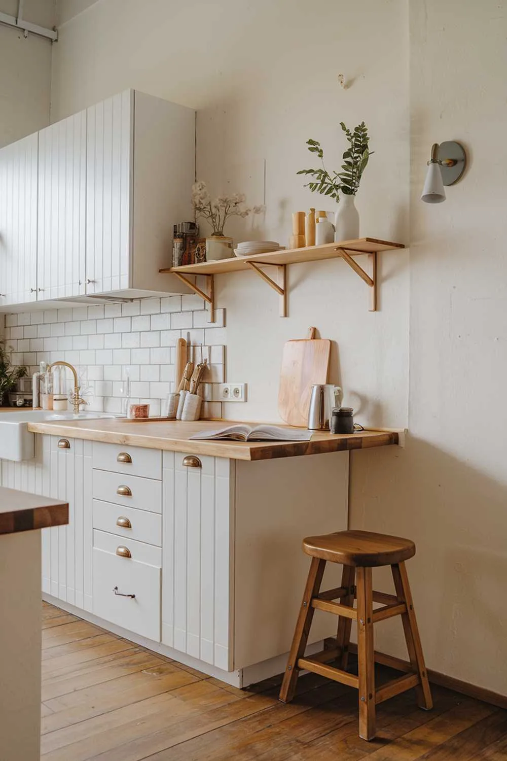 Minimalist Scandinavian kitchen with white cabinets, wooden countertop, and wooden stool