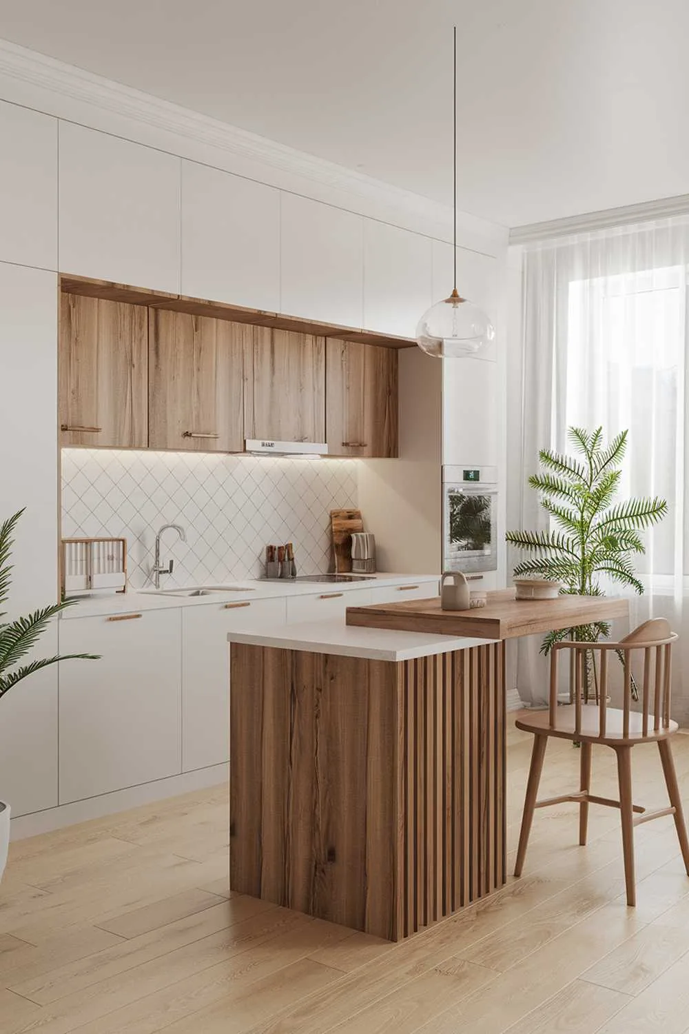 Scandinavian kitchen with wooden island topped with white countertop and potted plant