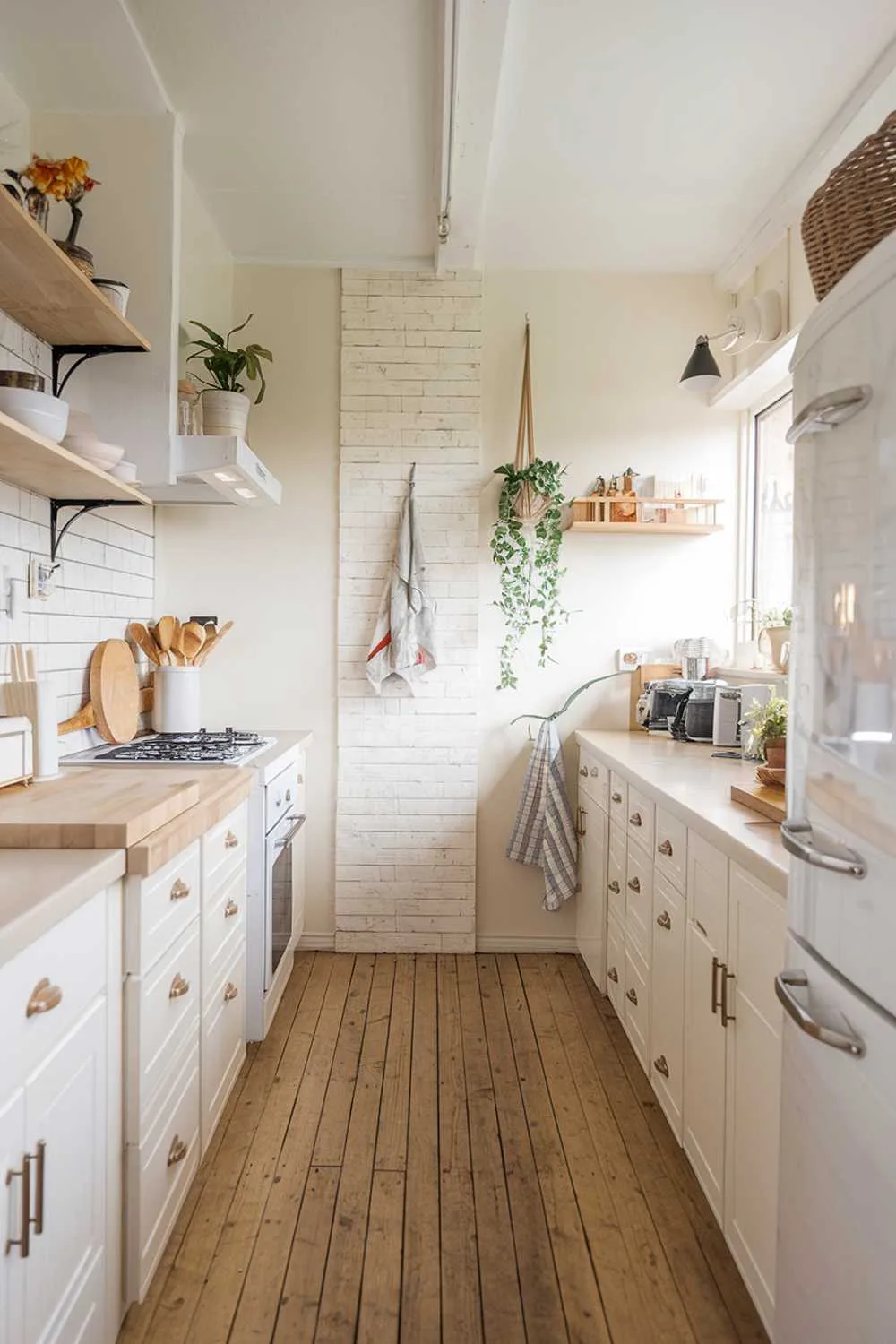 Bright Scandinavian kitchen with white cabinets, beige countertops, wooden floors, and hanging plant