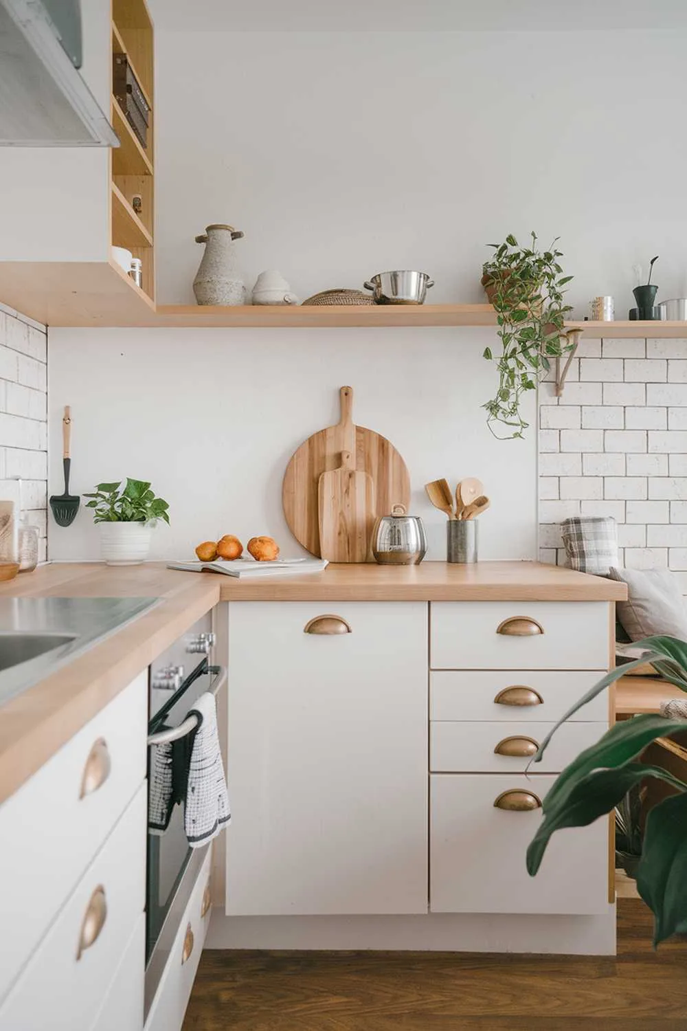 Scandinavian kitchen with light wood tones, white cabinets, wooden cutting board, and stainless steel pot