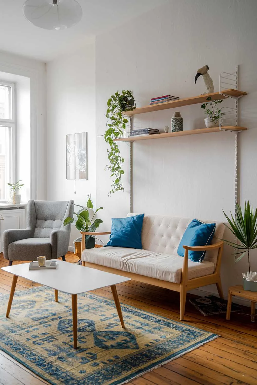 Scandinavian living room with beige sofa and blue cushions