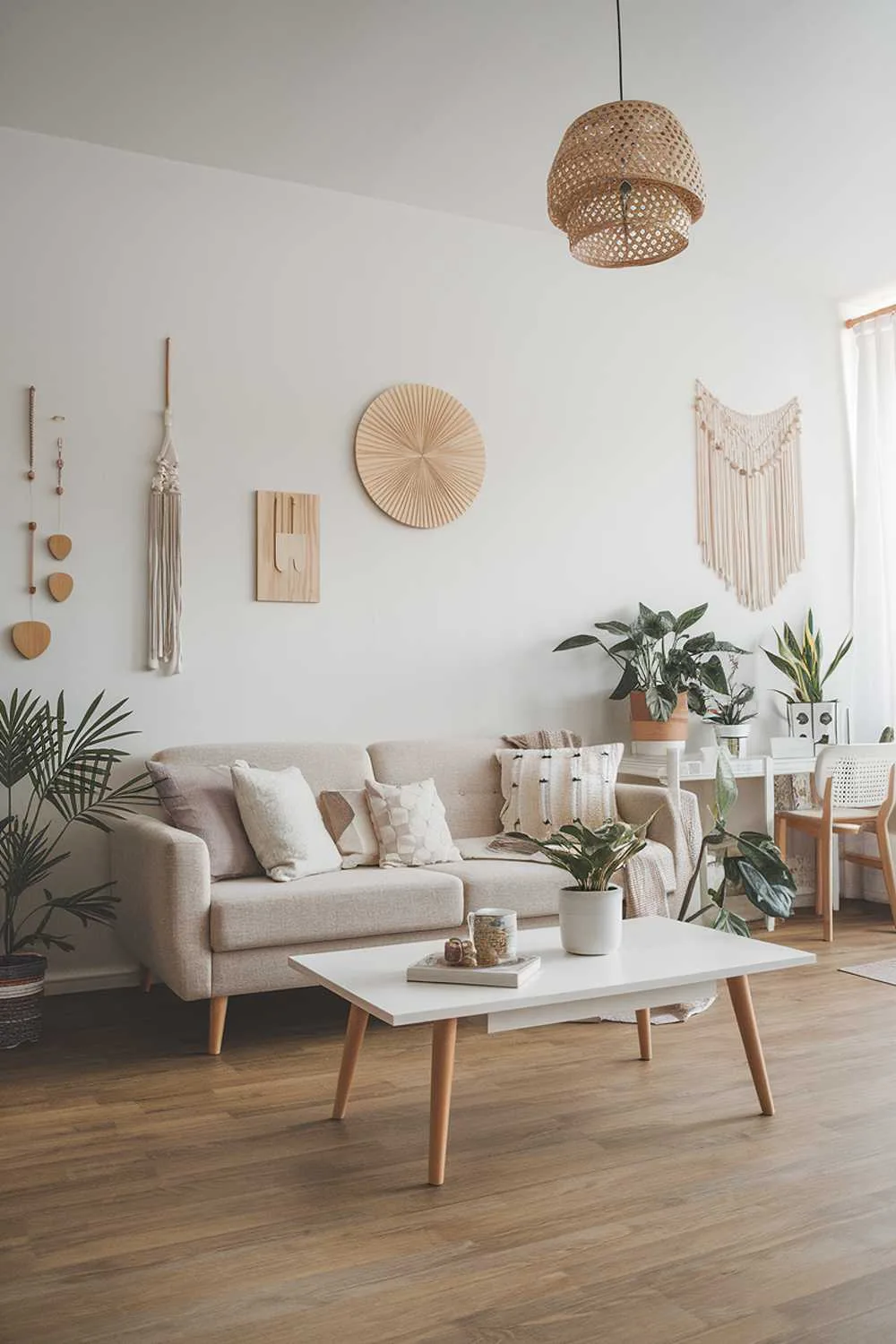 Scandinavian living room with plants and wooden wall decor