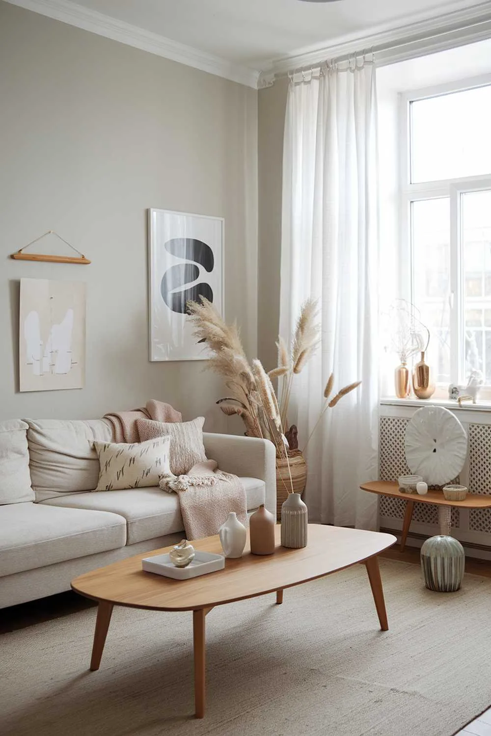 Scandinavian living room with beige sofa and light gray walls