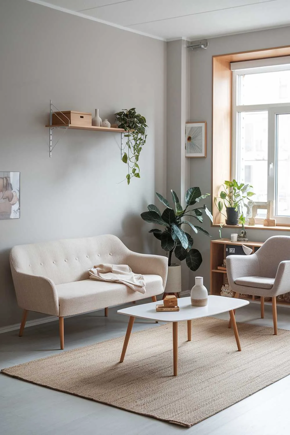 Scandinavian living room with beige sofa and gray chair