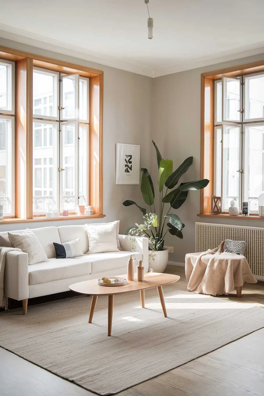 Scandinavian living room with large windows and white sofa