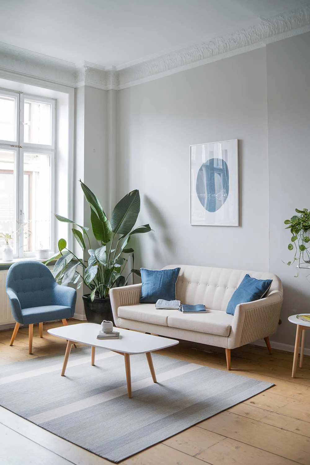 Scandinavian living room with beige sofa and blue cushions
