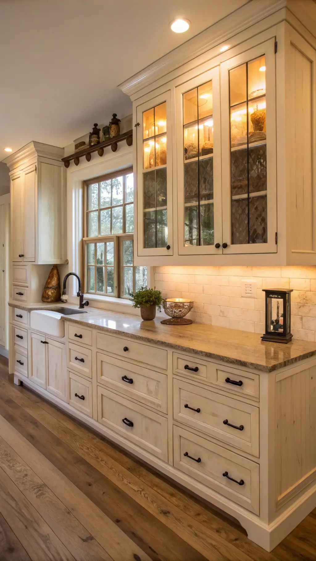 cozy kitchen with classic shaker-style cabinets under-cabinet lighting natural pine lower aged iron hardware and warm oak flooring during golden hour