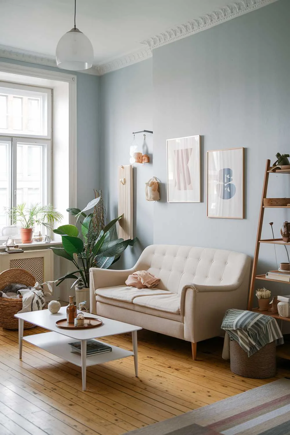 Scandinavian living room with light blue walls and wooden floors