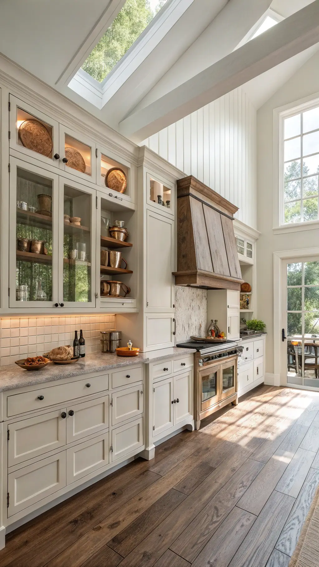 sunlit open-concept kitchen with two-tone cabinets vintage-style bin pulls open shelving displaying ironstone collections