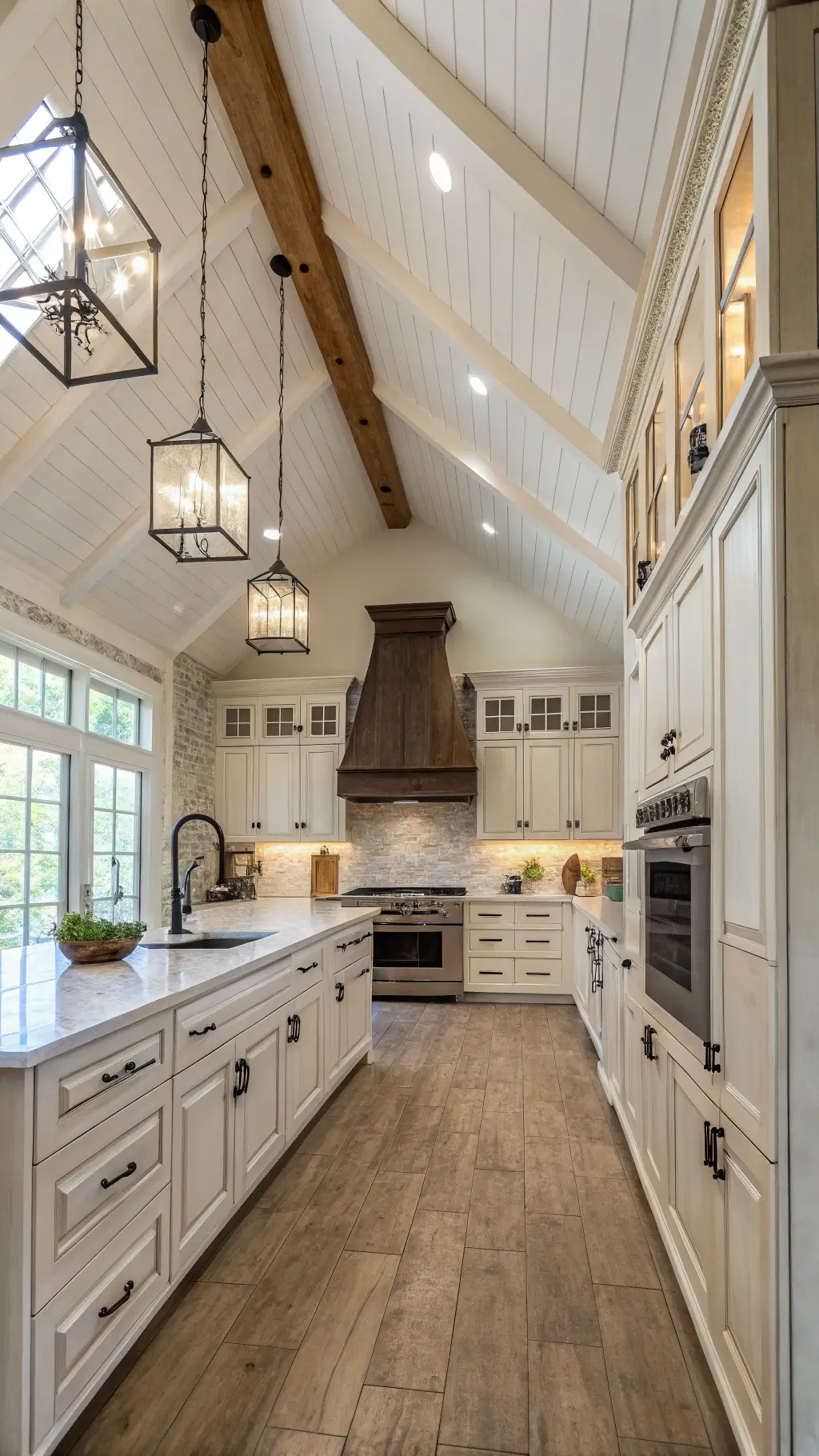 kitchen with cathedral ceiling distressed antique white cabinets prominent grain oak custom shiplap hood vintage blackened steel latches balanced natural and artificial lighting
