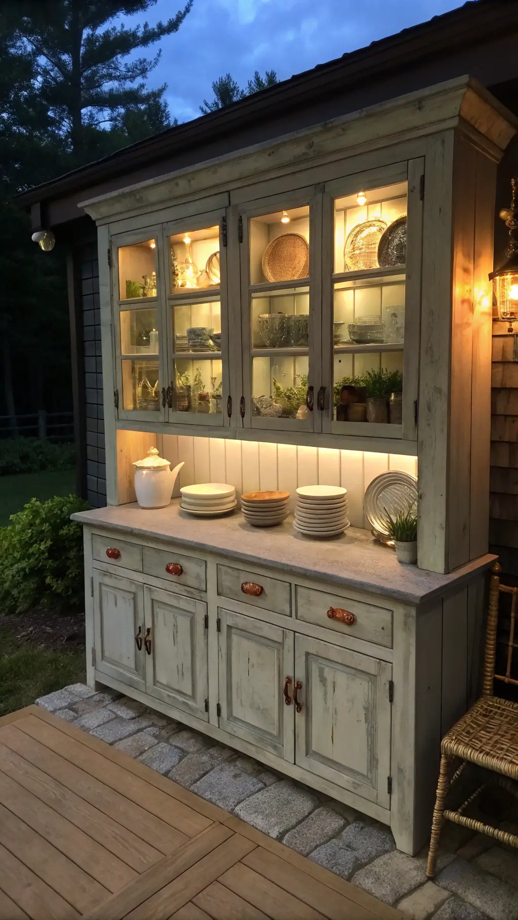vintage kitchen nook with distressed chalk-painted cabinets illuminated glass-front corner cabinet displaying heritage dishes mixed metal hardware reclaimed wood floating shelves cast iron brackets