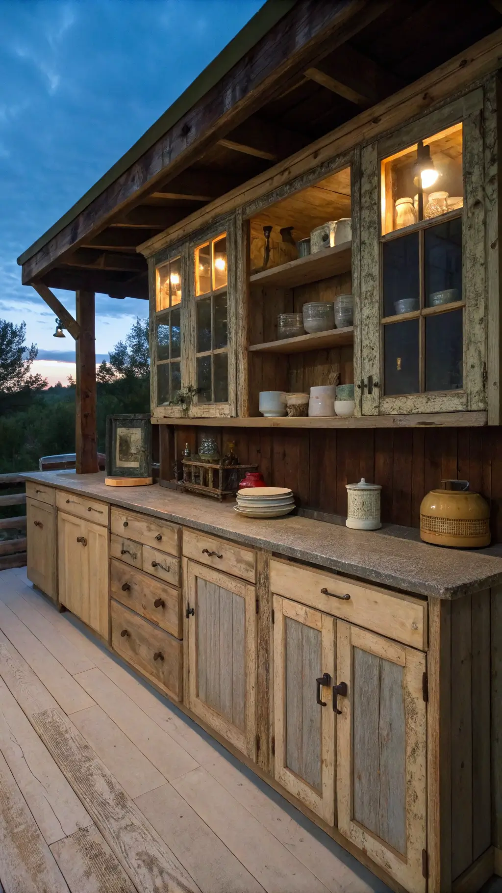 twilight-lit rustic kitchen featuring distressed pine cabinets open upper shelving with vintage enamelware worn lower beadboard inserts and salvaged hardware in mixed metals