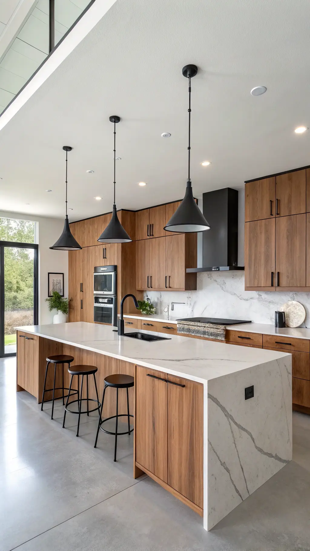 Contemporary open-plan kitchen with cherry wood cabinets, white concrete countertops, waterfall island, and pendant lighting.
