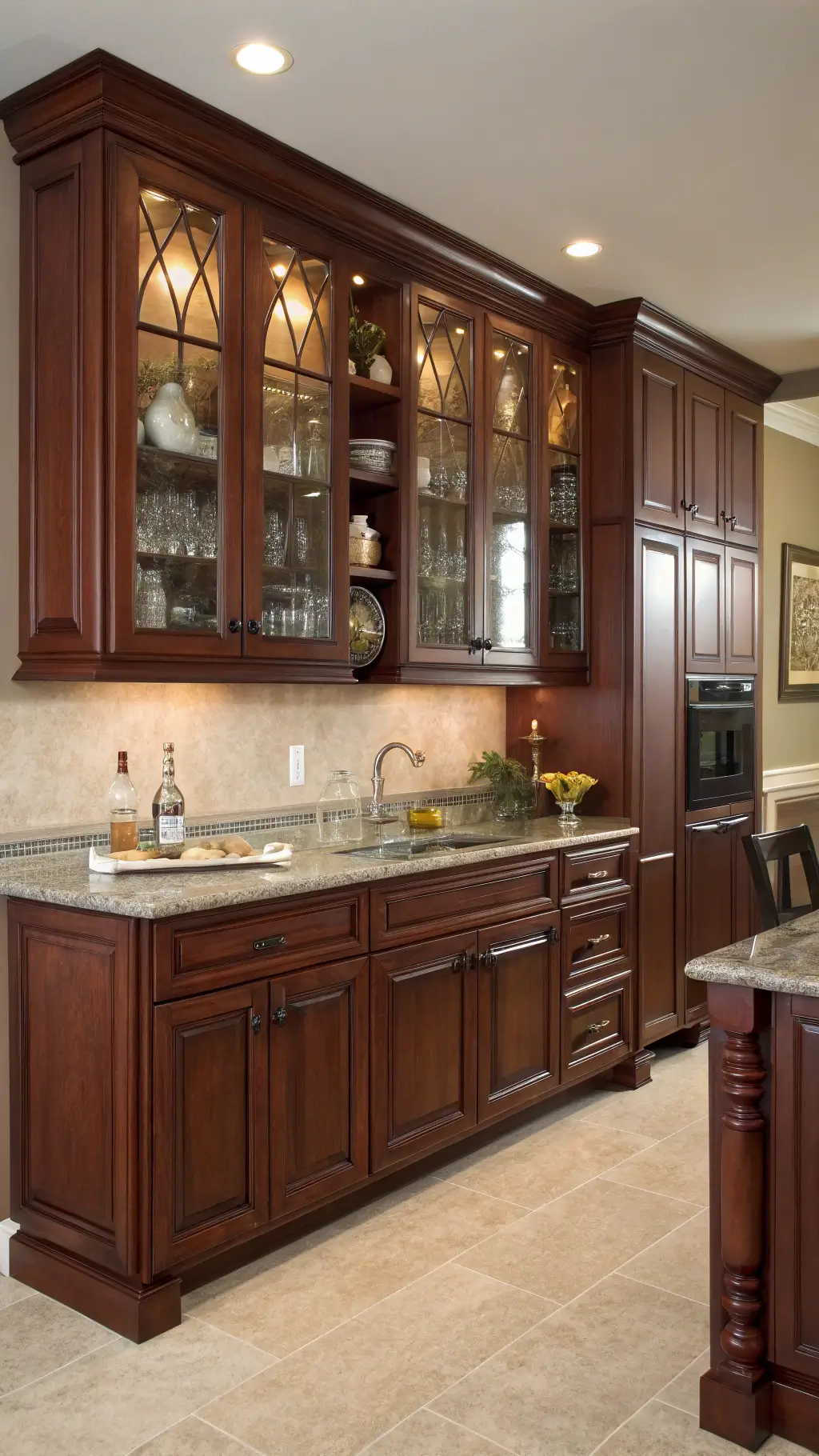 Traditional kitchen featuring deep burgundy cherry cabinets, gray marble countertops, and silver fixtures during golden hour, emphasizing wood grain and panel depth.