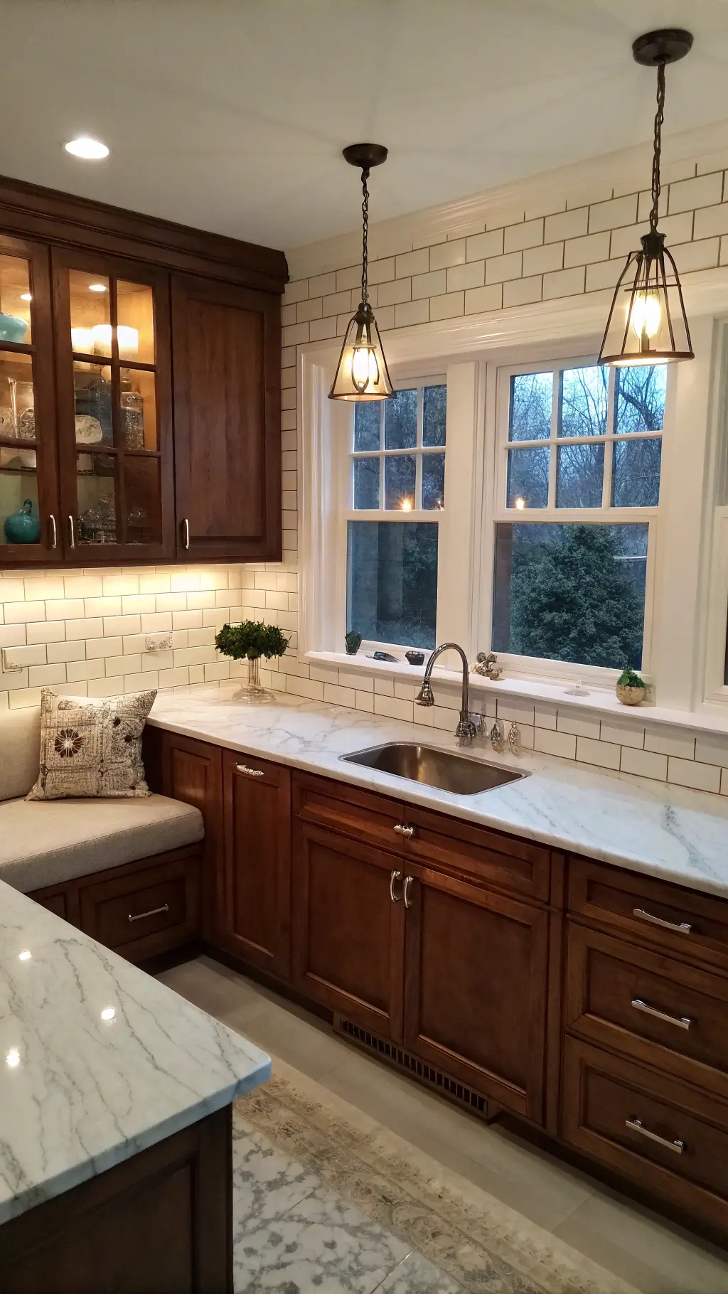 Cozy L-shaped kitchen nook with vintage cherry cabinets, cream subway tile backsplash, brushed nickel hardware, marble countertops, and soft lighting at dusk.
