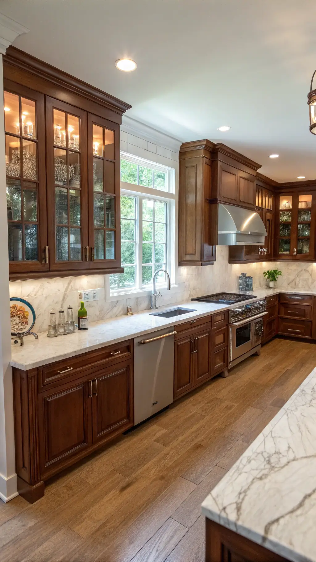 Bright chef's kitchen with cherry cabinets, stainless steel appliances, and white Carrara marble countertops illuminated by morning light.