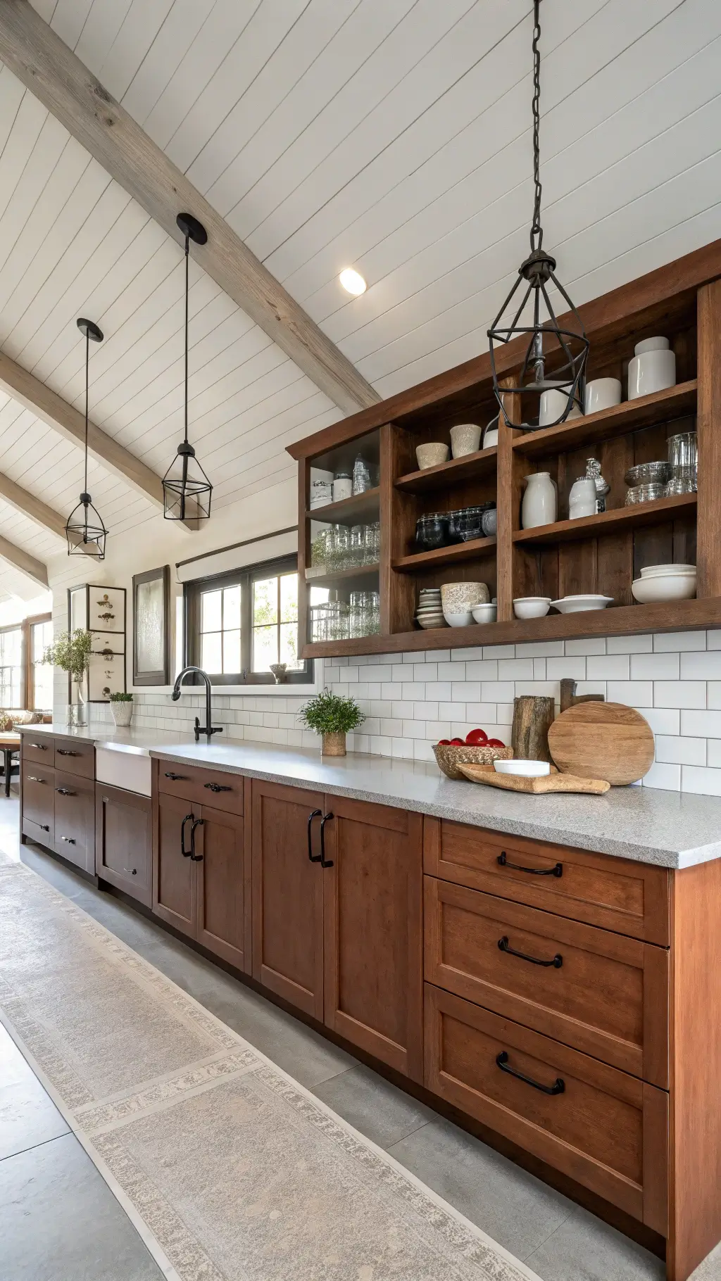 Modern farmhouse kitchen with vaulted ceiling, cherry wood lower cabinets, concrete countertops, open shelving, white pottery, and black metal accents under soft lighting.