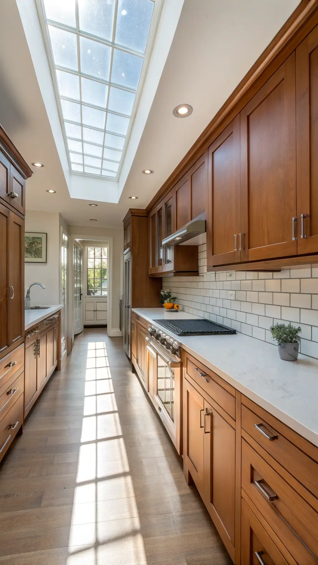 Sunlit galley kitchen with medium-tone cherry cabinets, light gray quartz counters, and white subway tile walls.