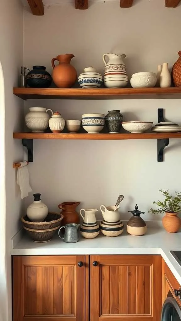 Open shelving with colorful artisan pottery in a Mediterranean kitchen