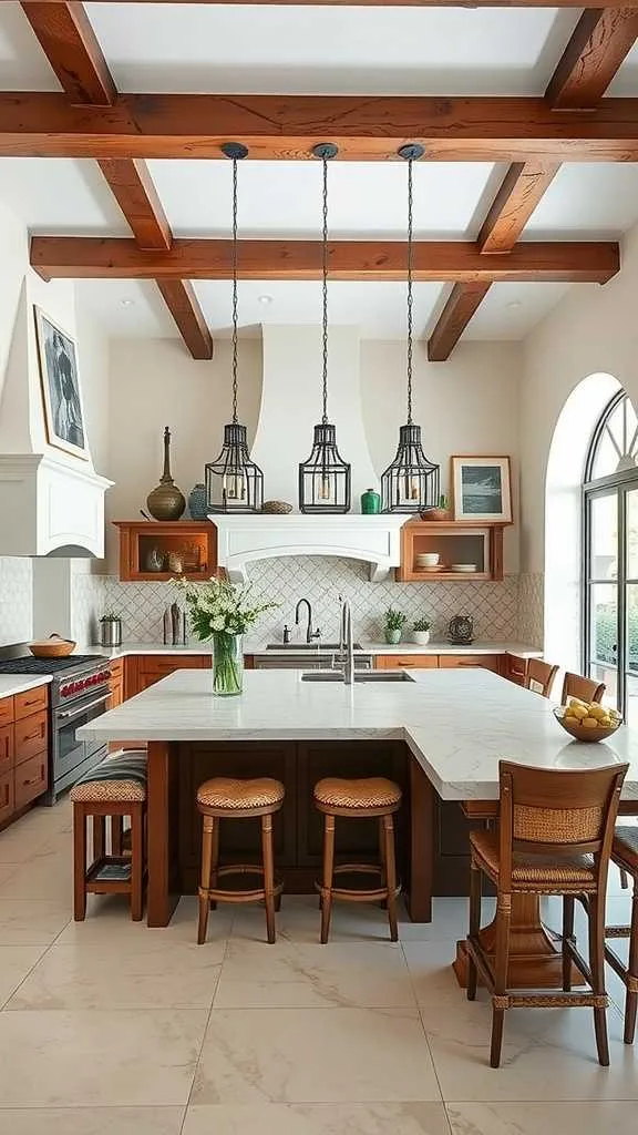 Spacious kitchen island with bar stools in a Spanish Mediterranean kitchen