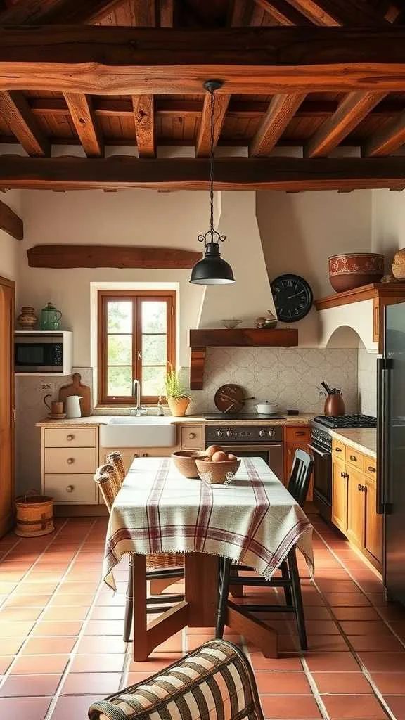 Rustic wooden beams and terracotta tile flooring in a Mediterranean kitchen