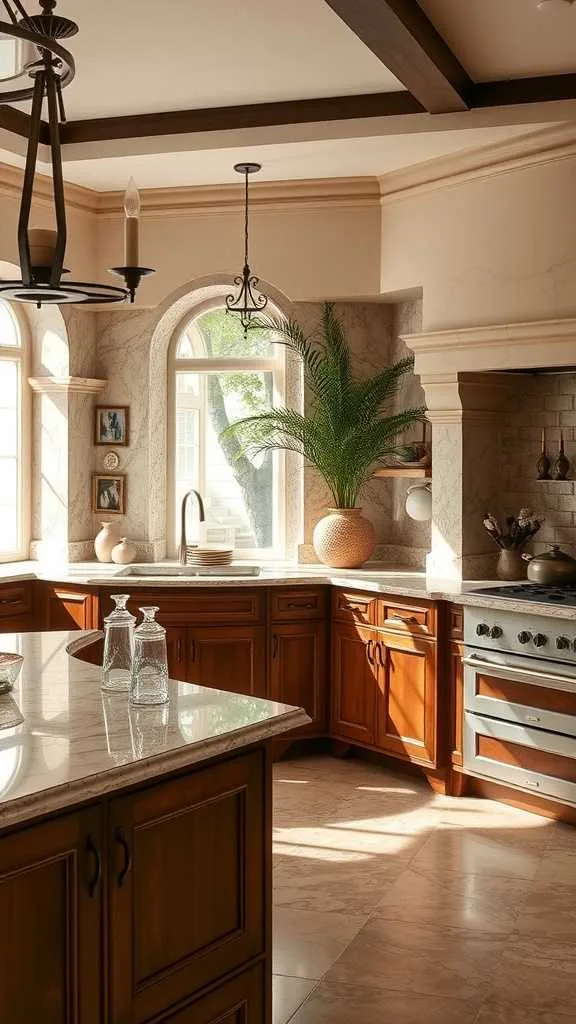Granite and marble countertops paired with dark wood cabinets
