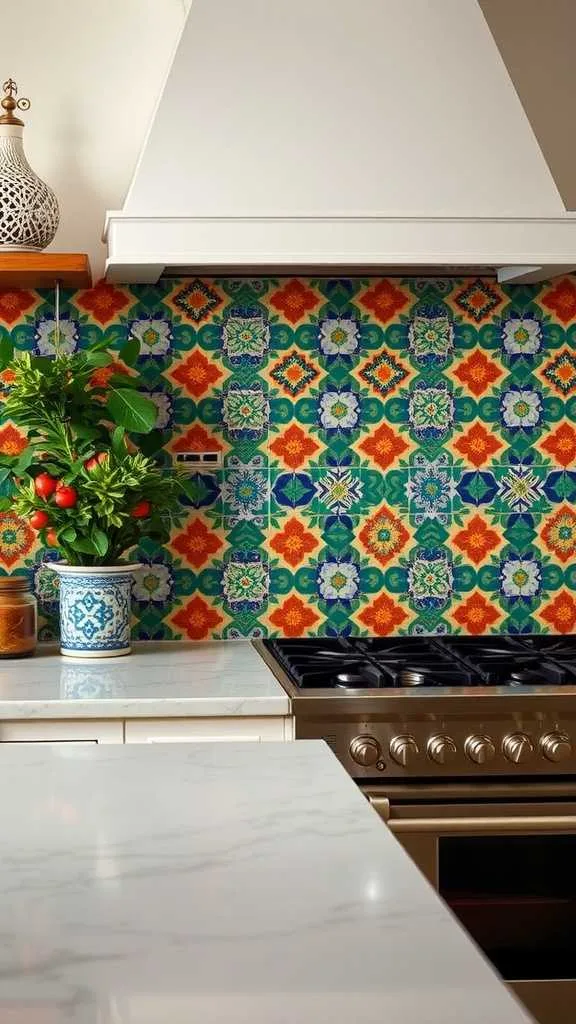 Colorful tile backsplash contrasting with dark wood cabinets