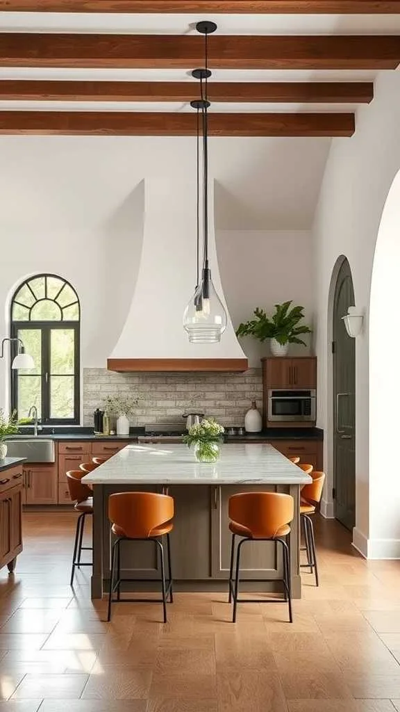 Pendant lighting over kitchen island in Spanish Mediterranean style