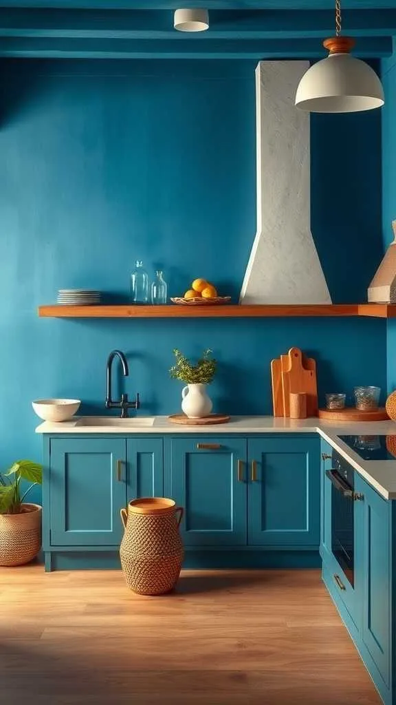 Mediterranean kitchen with blue cabinets and earthy accents