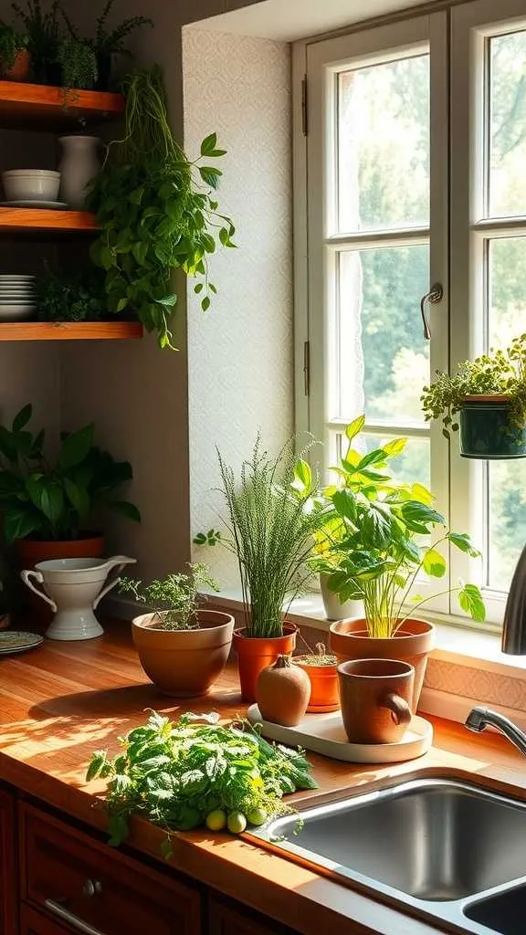 Indoor herb garden on kitchen shelves with dark wood cabinets