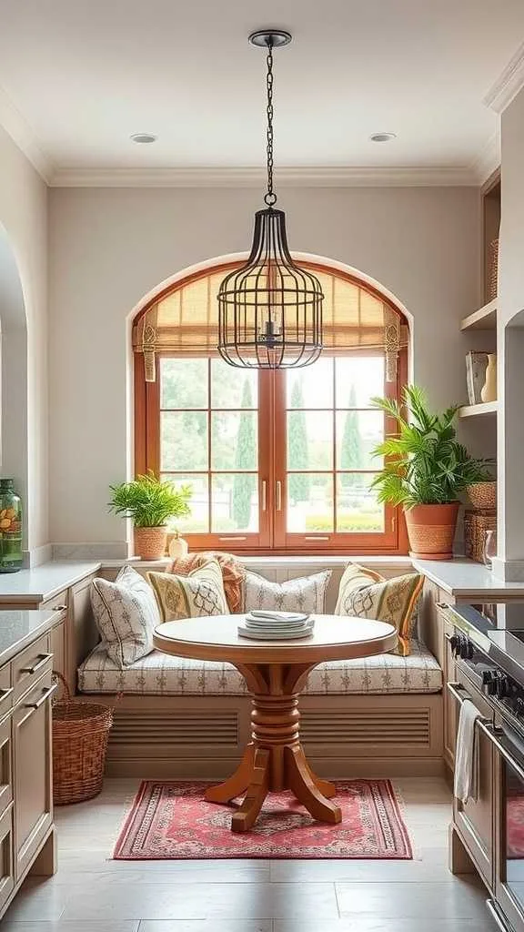 Cozy seating with soft fabrics in a Mediterranean kitchen