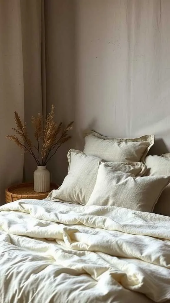 Textured Fabrics in Wabi Sabi Bedroom A bed adorned with textured throws and pillows, embodying wabi-sabi style.