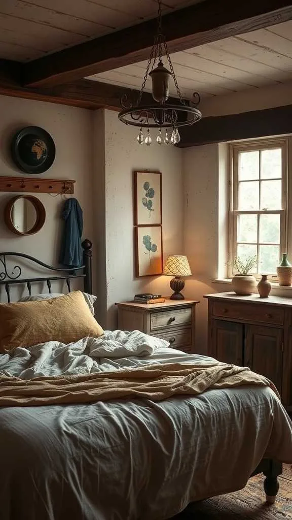Vintage Elements in Wabi Sabi Bedroom A cozy bedroom with vintage furniture and warm lighting.