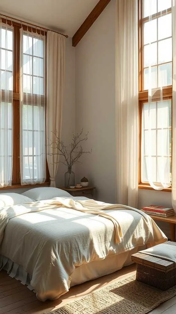 Natural Light in Wabi Sabi Bedroom A bright bedroom with large windows and simple decor.