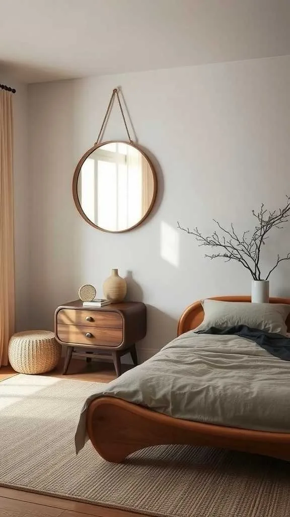 Organic Shapes in Wabi Sabi Bedroom A warm wabi-sabi bedroom with furniture featuring soft, rounded shapes.