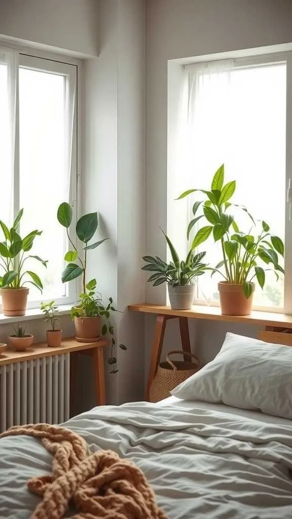Plants in Wabi Sabi Bedroom A bedroom filled with various plants near windows, showcasing wabi-sabi design.