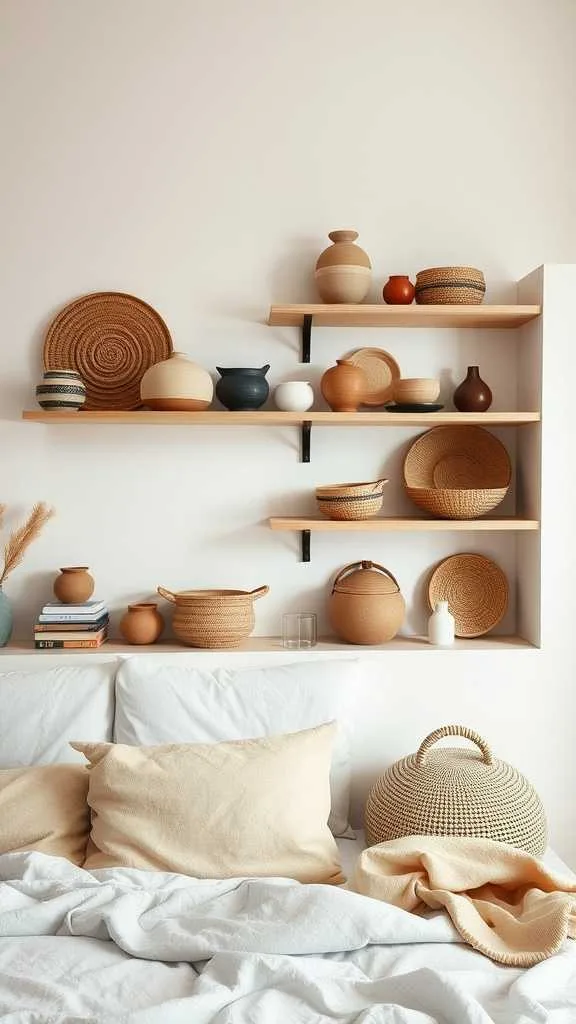 Handcrafted Accessories in Wabi Sabi Bedroom Shelves displaying woven baskets and handmade vases in a cozy bedroom.